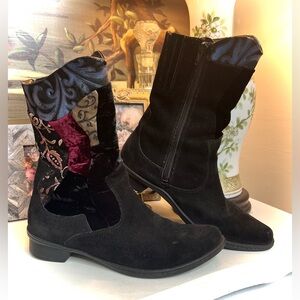 Think! Black Ankle Boots with Velvet metallic embossed patterns and Suede Finish
